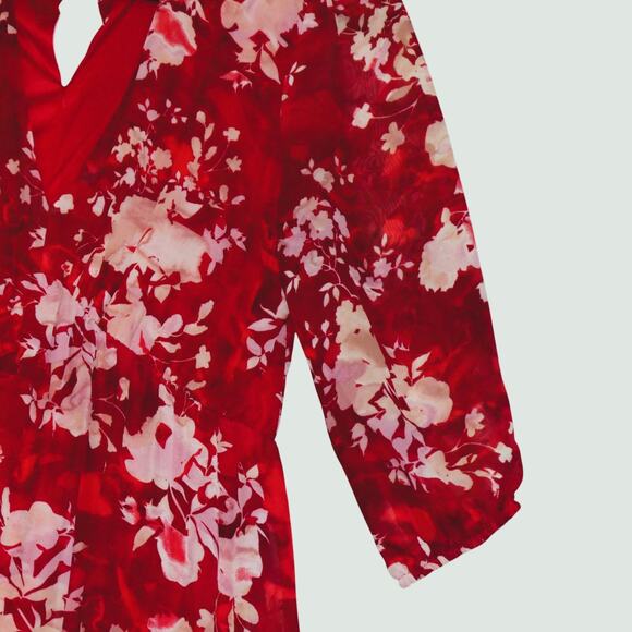 Melonie Maxi Dress Womens 10 Tall Red Floral Lined Tiered Peasant Boho - Picture 6 of 14